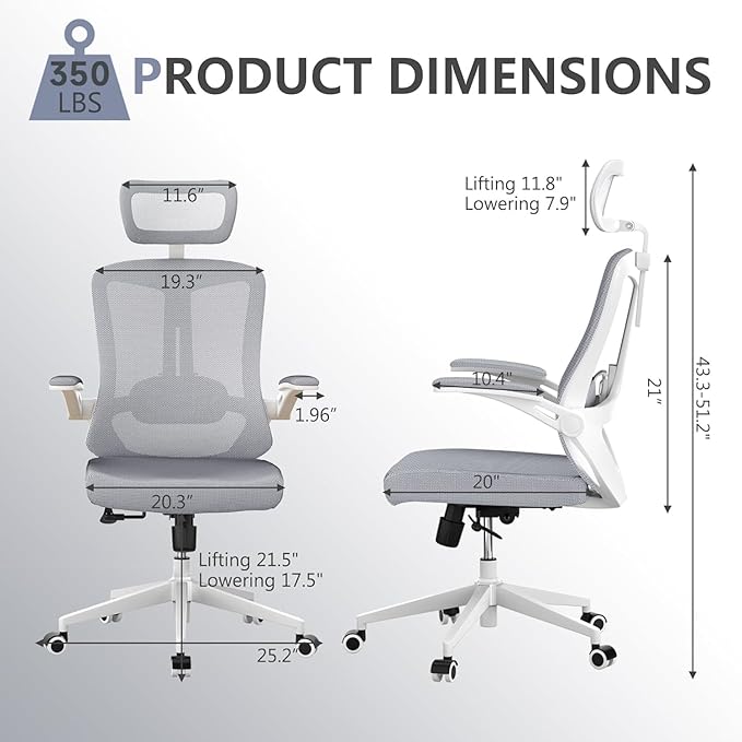 balmstar Office Chair,Ergonomic Comfy Home Desk Chair with 350LBS Capacity,High Back Gaming Chair with Wheels,Mesh Computer Chair,Lumbar Support, Adjustable Headrest,Flip-up Armrest