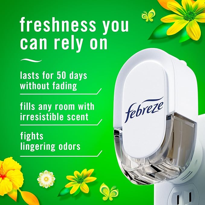 Febreze Plug In Air Freshener, Odor-Fighting Scented Oil Starter Kit, Air Fresheners for Home and Bathroom and Kitchen, Long Lasting for Strong Odors, Gain Original Scent, Warmer + 4 Refill