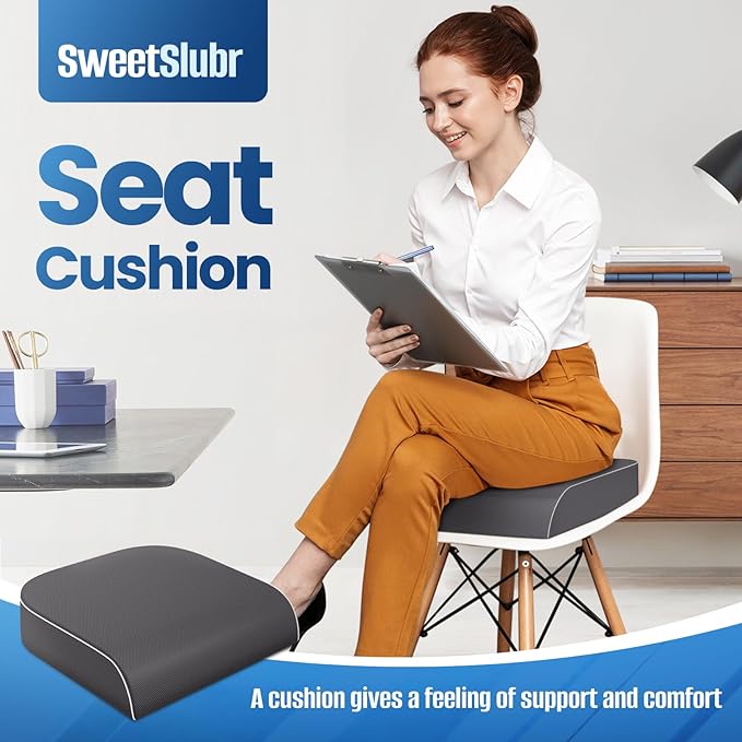 SweetSlubr Seat Cushion for Tailbone Pain Relief, Office Chair Cushion, Memory Foam Large Chair Cushion with Non-Slip Cover for Soft Support at Office Chair, Car Seat, Airplane Grey/Large