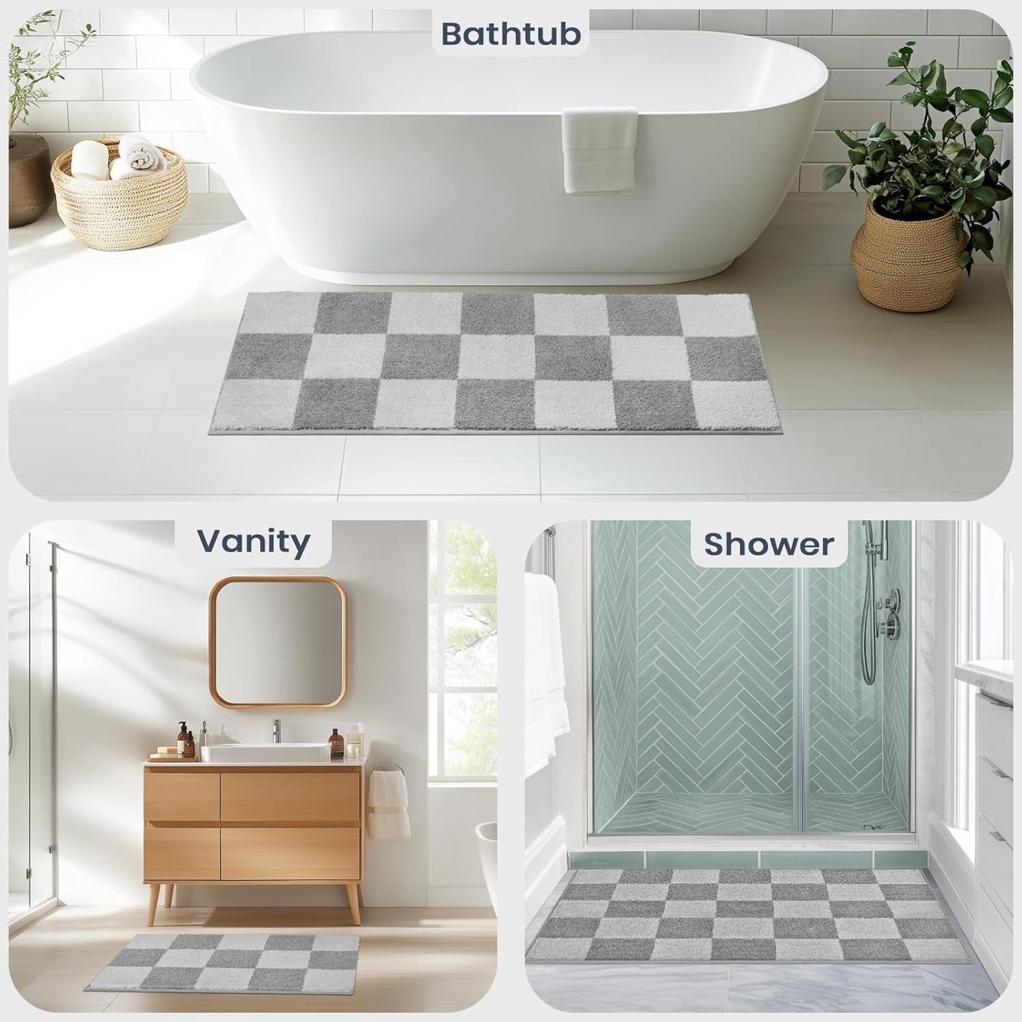 PURRUGS Bathroom Rug Non-Slip Machine Washable 30" x 60", Super Absorbent and Quick-Dry Bath Mat, Extra Soft and Plush Bath Rug for Shower, Bathtub and Sink, Light Grey & Grey