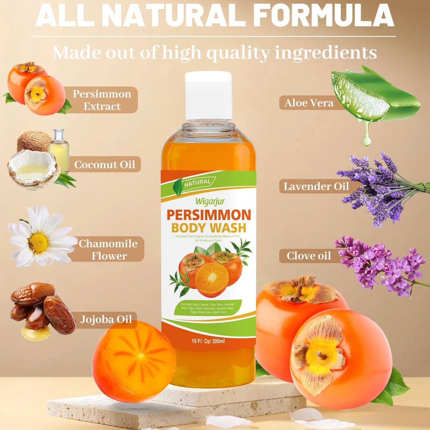 Persimmon Body Wash for Strong Body Odor, Nonenal Eliminator Purifying & Deodorizing with Natural Persimmon & Green Tea Extracts