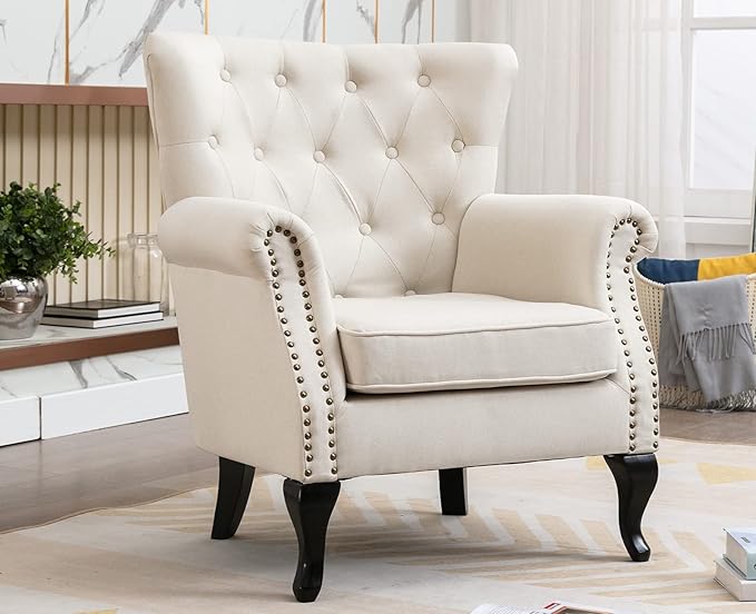 DM Furniture Set of 2 Mid-Century Modern Accent Chair, Linen Fabric Armchair w/Tufted Back/Wood Legs, Upholstered Lounge Arm Chair Single Sofa for Living Room Bedroom, Beige