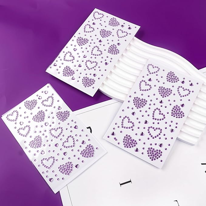 3 Sheets Rhinestone Stickers Self Adhesive Heart Rhinestones Gems for Face Eyes Makeup Hair Body for Valentine Festival Decal Decor(Purple)