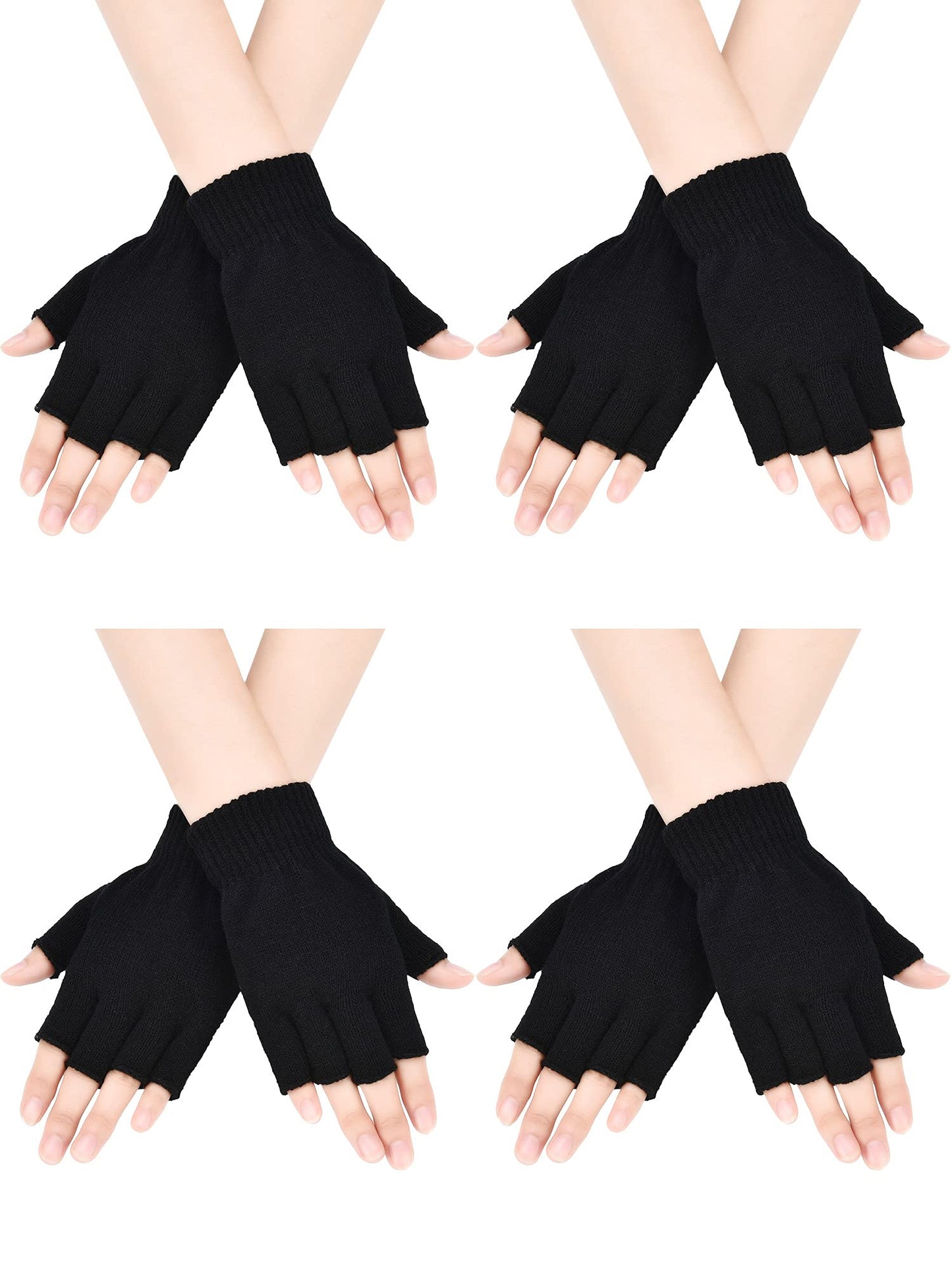 Bememo 4 Pairs Fingerless Gloves Half Finger Mittens Winter Solid Color Typing Knitted Gloves for Boys and Girls(Black)