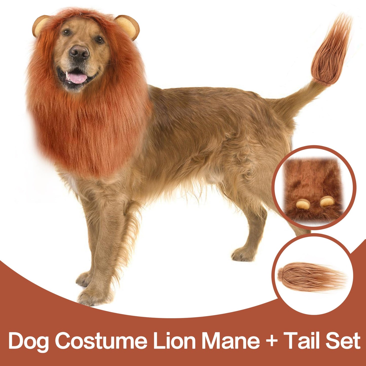 HOKABLE Lion Mane Dog Costume for Medium & Large Dogs - Realistic Lion Wig - Brown - Size M + Tail Set