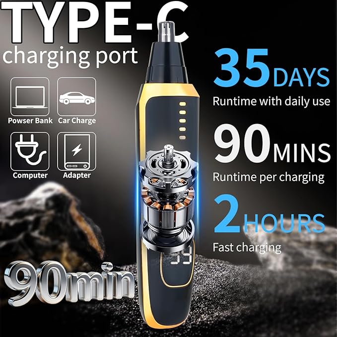2 in 1 Nose and Ear Hair Trimmer with LED Display, Rechargeable Electric Nasal Hair Clipper for Men & Women, Eyebrow & Facial Hair Removal with Dual-Edge Blades, Easy to Clean