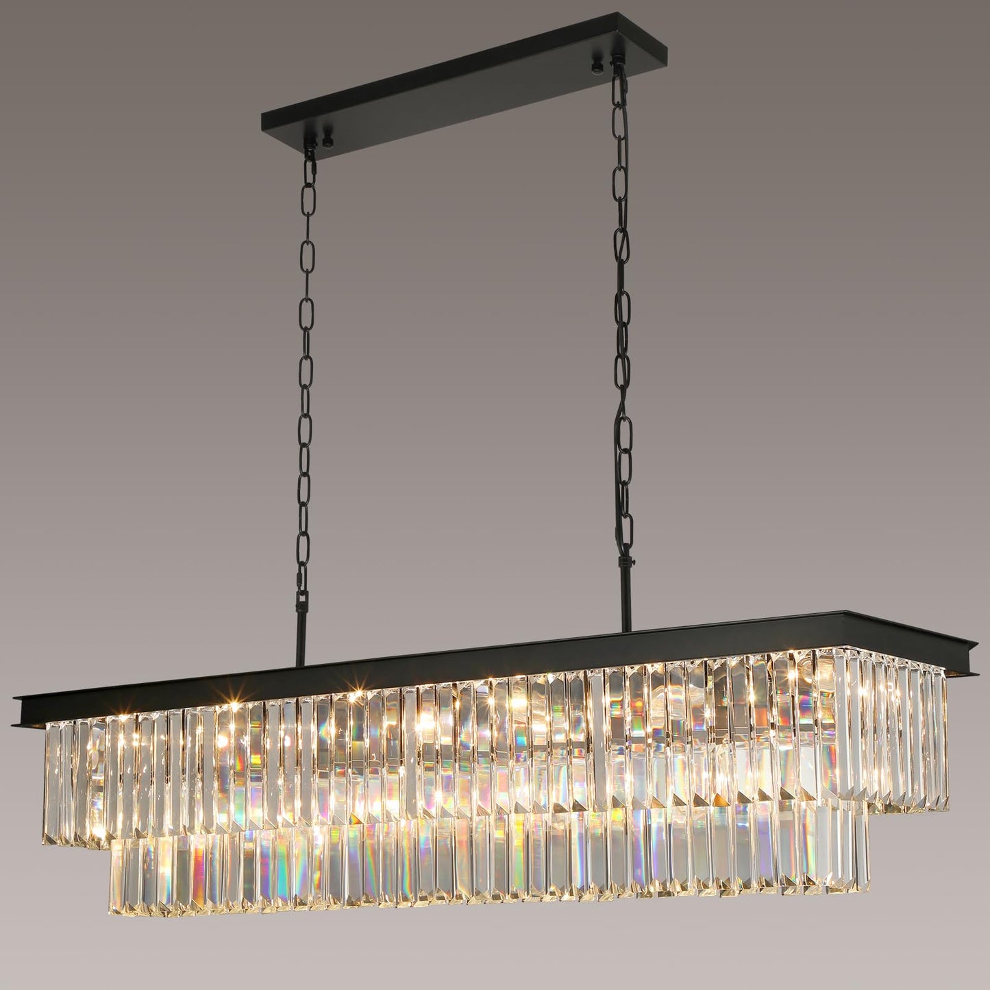 Weesalife Crystal Chandeliers for Dining Room Light Fixtures Over Table，18-Lights Black Modern Rectangle Chandeliers for Kitchen Island Bar L46 Inch