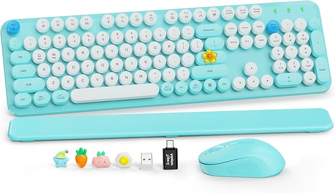 Wireless Keyboard and Mouse Combo, Full-Size Retro Typewriter Keyboard with Detachable Wrist Rest, Round Keycaps, Sleep Mode & Tilt Legs, 2.4GHz Cordless Connection for Windows/PC (Robin Egg Blue)