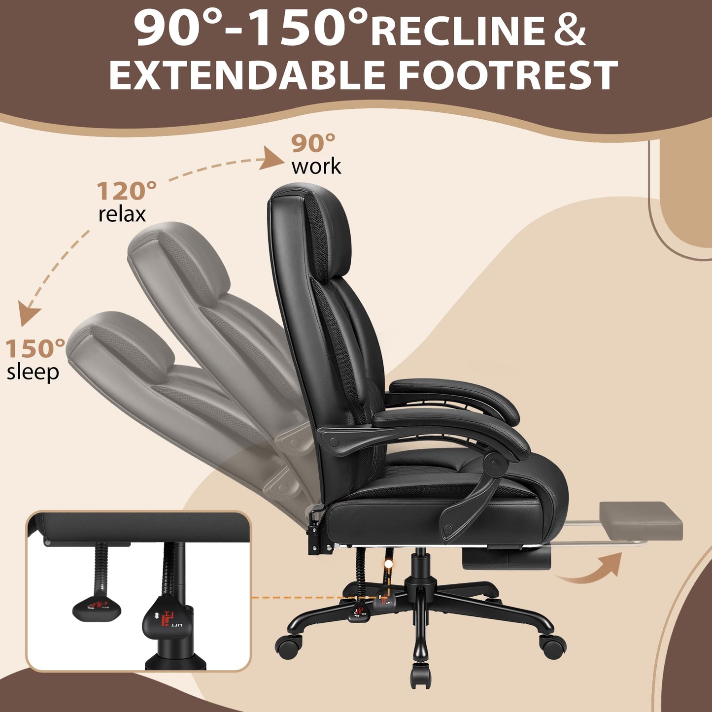 JUMMICO Massage Office Chair with 6 Point Vibration and Heat, Ergonomic Executive Home Office Desk Chair with Foot Rest, High Back 400LBS Leather Computer Chair for Home Office (Black)