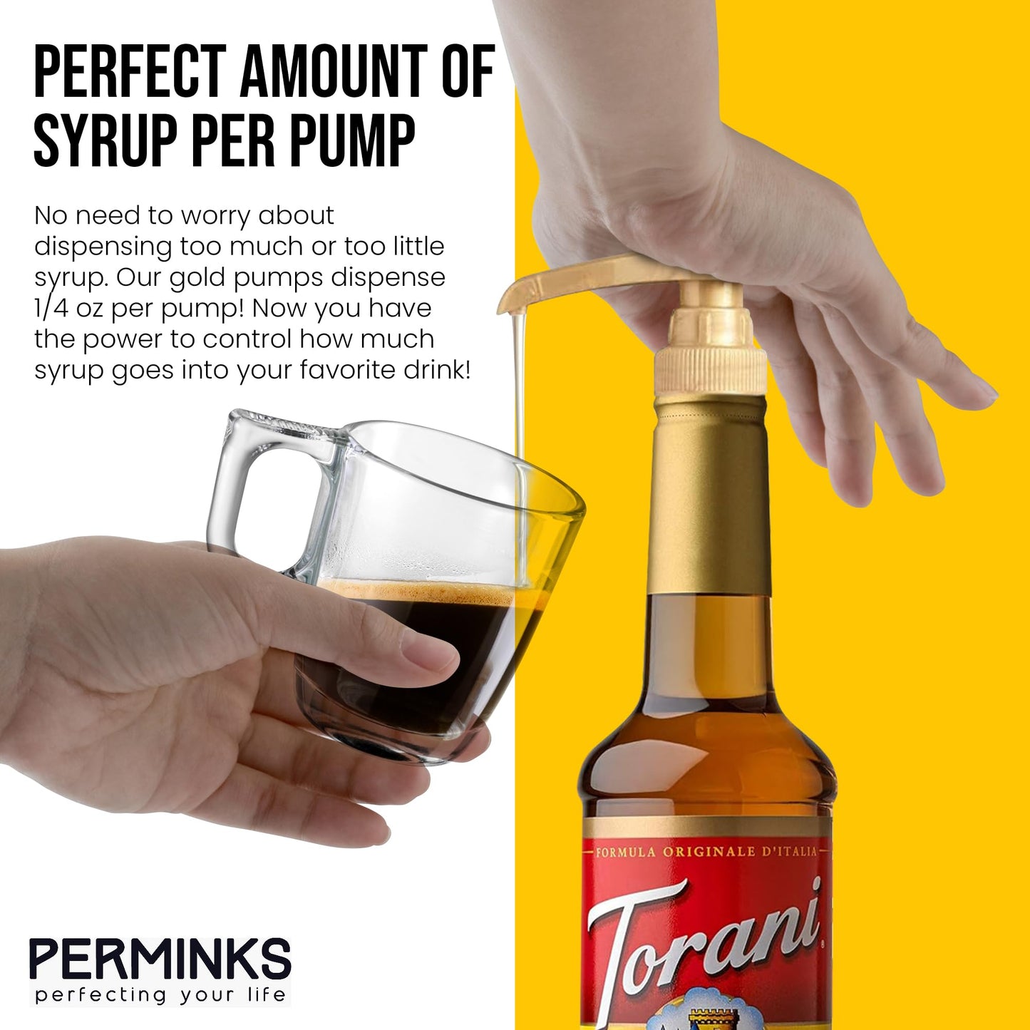 6 pack Coffee Syrup Pump Dispenser (Gold) - Compatible with Torani, Davinci and Skinny Syrup Bottles (750 ml 25.4 oz Bottles)