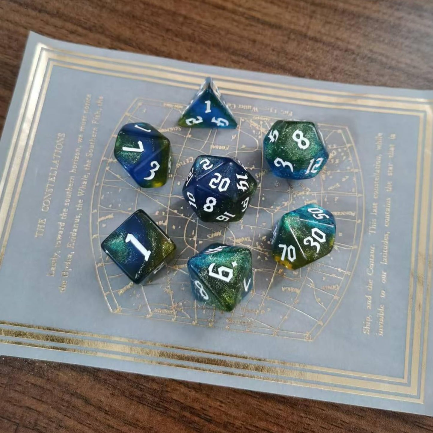 DND RPG Dice Set, Nebula Polyhedral Dice for Dungeons and Dragons, Mystery 7-Piece Set (Blue Gold)