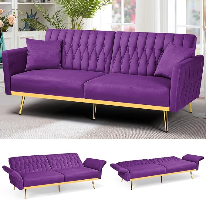ACMEASE 70” Velvet Futon Sofa Bed with 2 Pillows and Adjustable Armrests, Convertible Sleeper Bed W/Adjustable Backrests, Modern Loveseat for Living Room, Bedroom, Purpel