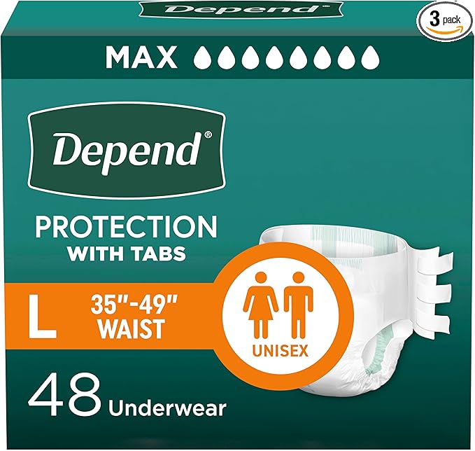 Depend Adult Diapers with Tabs, Incontinence Protection with Tabs, Unisex, Large (35–49" Waist, over 170 lbs), Maximum Absorbency, 48 Count (3 Packs of 16)