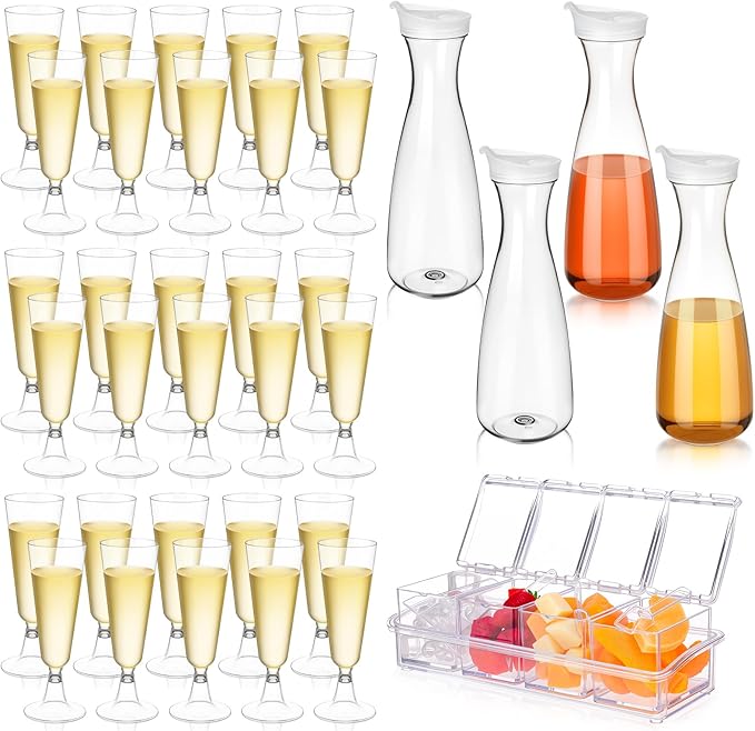 Potchen 65 Pcs Mimosa Bar Supplies Including Plastic Champagne Flutes, Water Carafe, Clear Condiment Server with Lid and S...