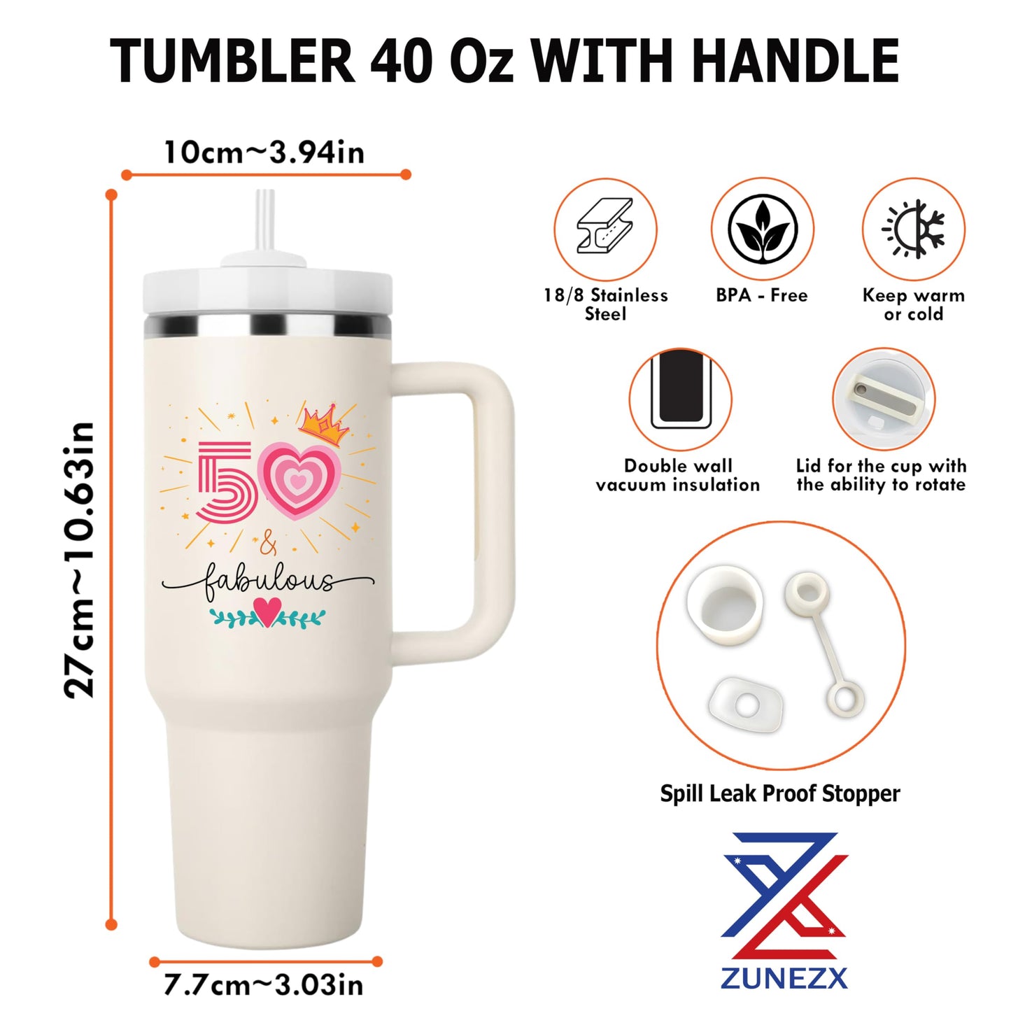 ZUNEZX 50th Birthday Gifts For Her, Women - 1975 Birthday Gift For Women - Cool Birthday Gift For 50 Year Old Woman - 50 And Fabulous Gift For Women - Gift For Women Turning 50-50th Tumbler 40oz