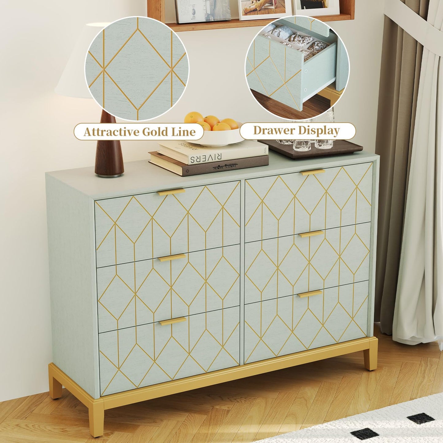 HLR Green Dresser with 6 Drawers,48" Modern Dresser Wide Chest of Drawers with Gold Lines Carved Design, TV Stand, Wood Dressers & Chest of Drawers for Bedroom, Living Room, Hallway