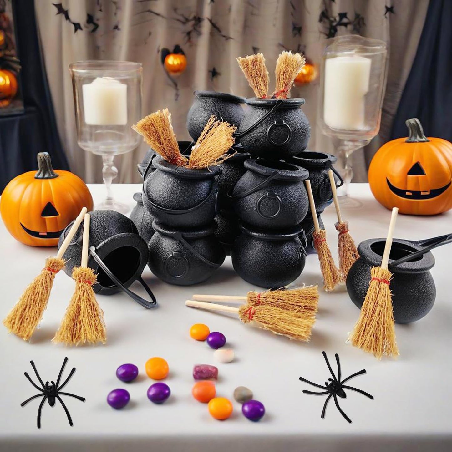 ROYHOO 48PCS Halloween Mini Witch Cauldron Set- 12 Pack Small Plastic Black Candy Cauldron with Spider, Broom, Witch Hat for Halloween Dollhouse Craft Accessories Table Decoration Supply