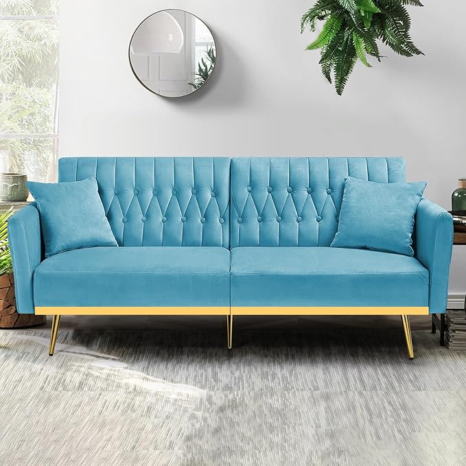 ACMEASE 70” Velvet Futon Sofa Bed with 2 Pillows and Adjustable Armrests, Convertible Sleeper Bed W/Adjustable Backrests, Modern Loveseat for Living Room, Bedroom, Baby Blue
