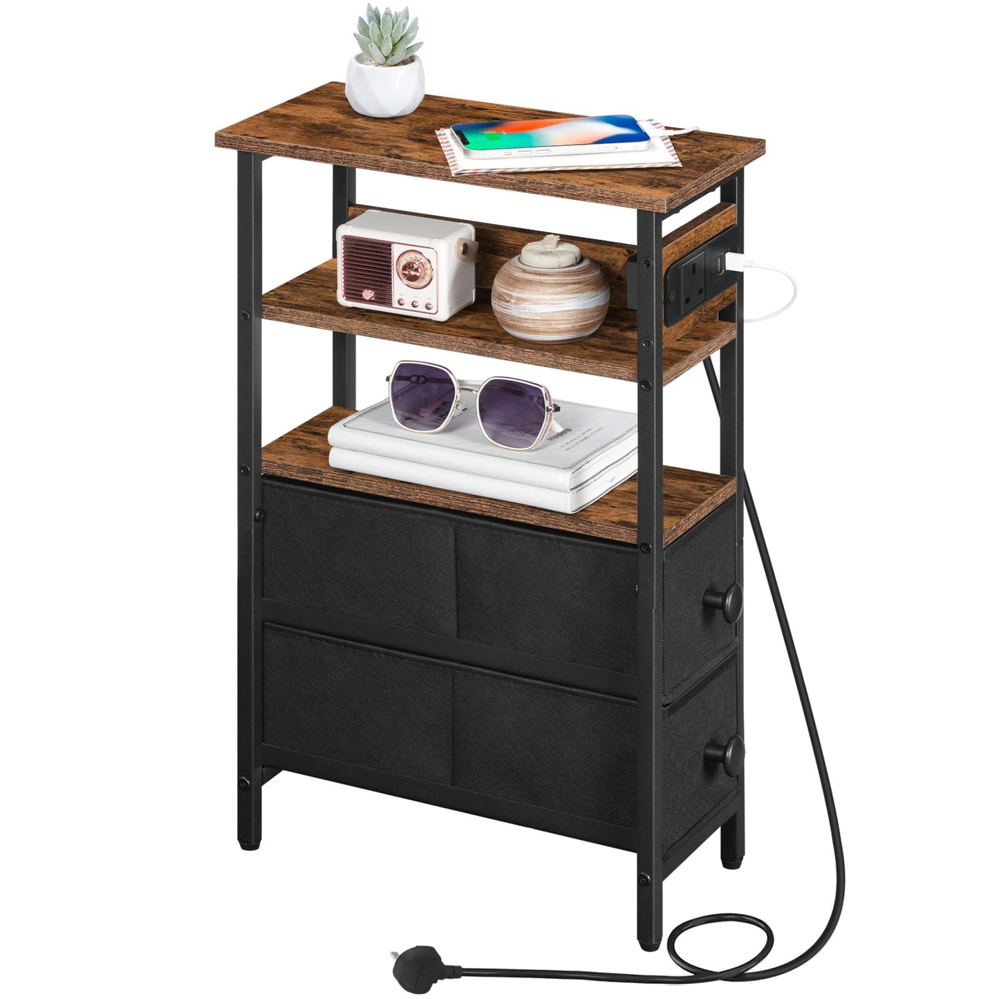 HOOBRO Side Table with Charging Station, Narrow Side Table with 2 Non-Woven Drawers, USB Ports and Power Outlet, 40 x 18 x 60 cm Slim Bedside Table for Small Space, Rustic Brown and Black EBF132KBZ01