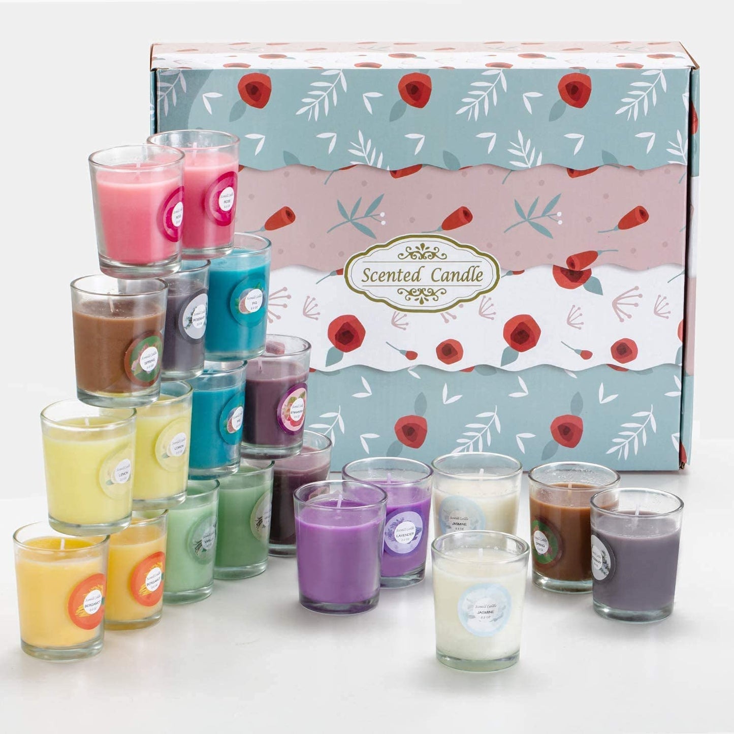 YOROXRG Scented Candles, Jasmine, Rose, Vanilla, Bergamot, fig, Lavender, Lemon, Spring,Strawberry, Rosemary, Aromatherapy Candles,Soy Wax Glass Jar Candle - 20 Pack