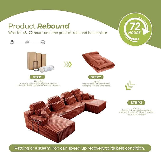 141" U-Shaped Cloud Modular Sectional Sofa with Chaise & Headrest, Boneless Deep Seat Plush Corduroy Couches for Large Living Room, No Assembly Required (Orange, 141" U-shapred Chaise)