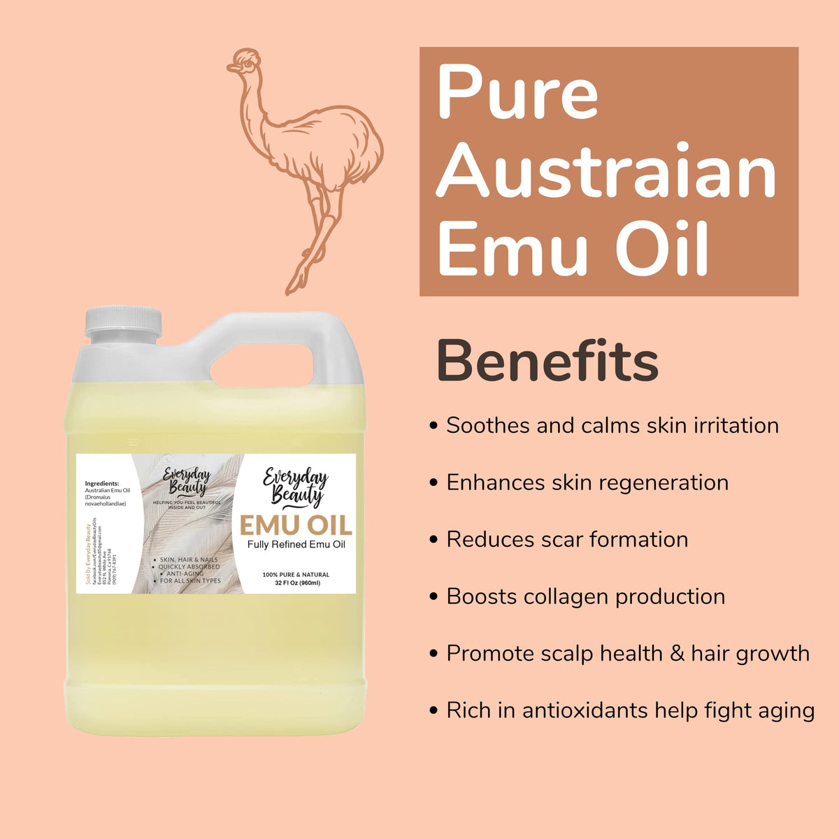 Pure Australian Emu Oil Bulk 32 Fl Oz - All Natural 6X Refined for Face, Skin and Hair - Highly Effective Hydration for Sensitiv