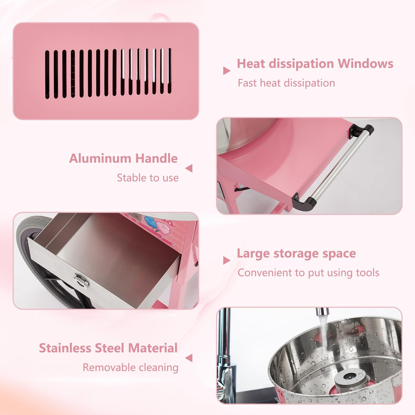 Electric Cotton Candy Maker Commercial With Cart, Cotton Candy Machine for Kids with 20 inch Stainless Steel Bowl for Family, Party, Amusement Park, Carnival- Pink