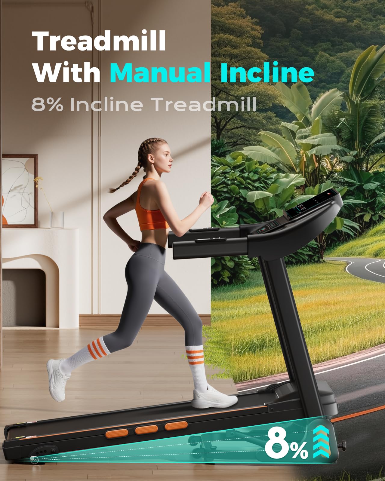 Treadmill for Home, 3.0HP Folding Treadmill with Incline, 300 lbs Capacity, Bluetooth & Heart Rate Sensor, Space-Saving Design