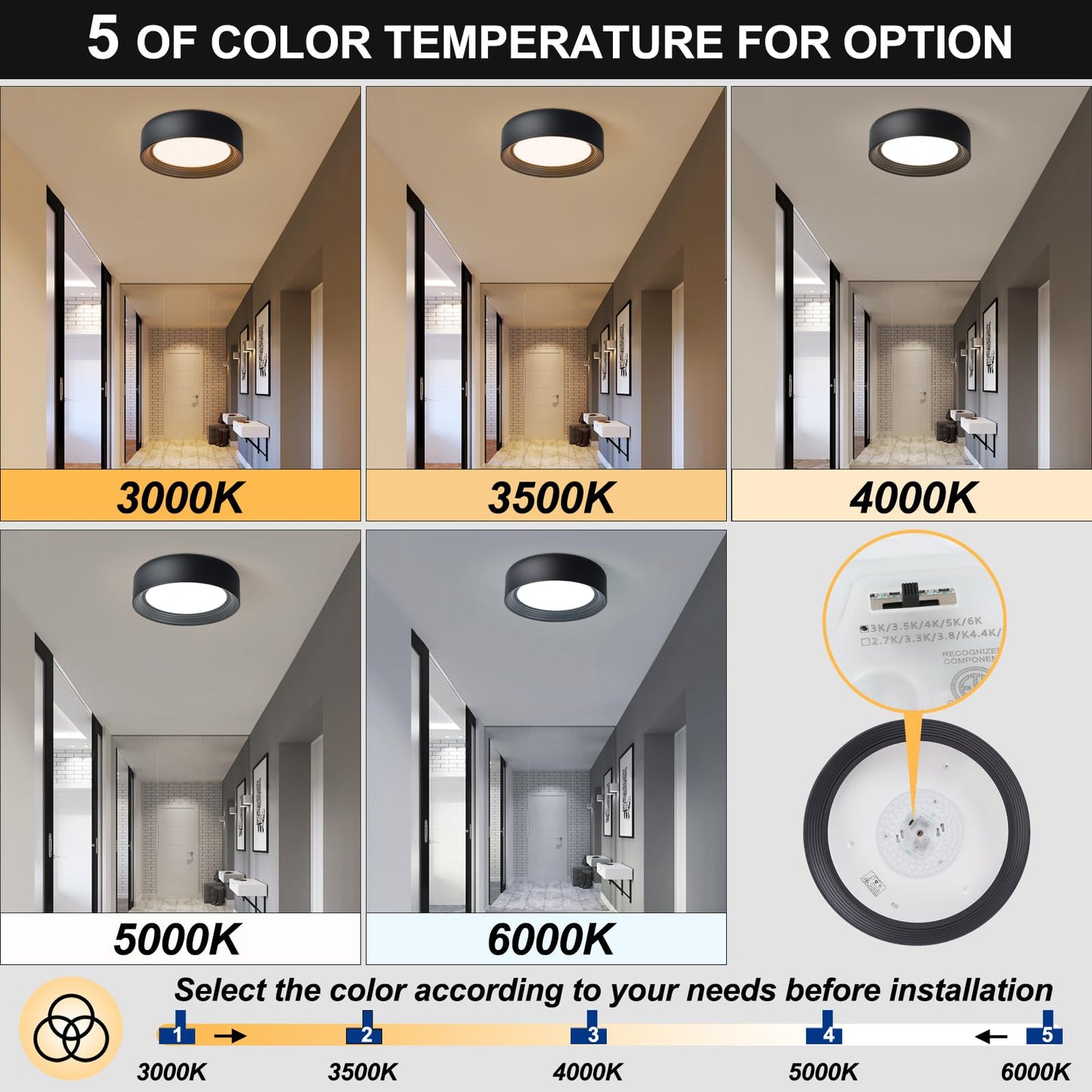 Gisisee 11.8 Inch Modern Dimmable LED Round Matte Black Flush Mount Ceiling Light,5CCT Adjustable 3000K-6000K,Close to Ceiling Lighting Fixture for Hallway,Entryway,Laundry Room,Kitchen,Bedroom