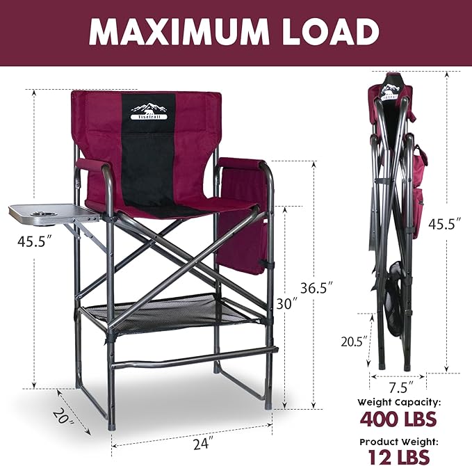 Tisetrail Tall Directors Chair 30" Seat Height, Bar Height Folding Chair with Side Table, Foldable Camping Chair with Side Pocket for Makeup Artist, Sports Event, Supports 400LBS - Wine Red/Black