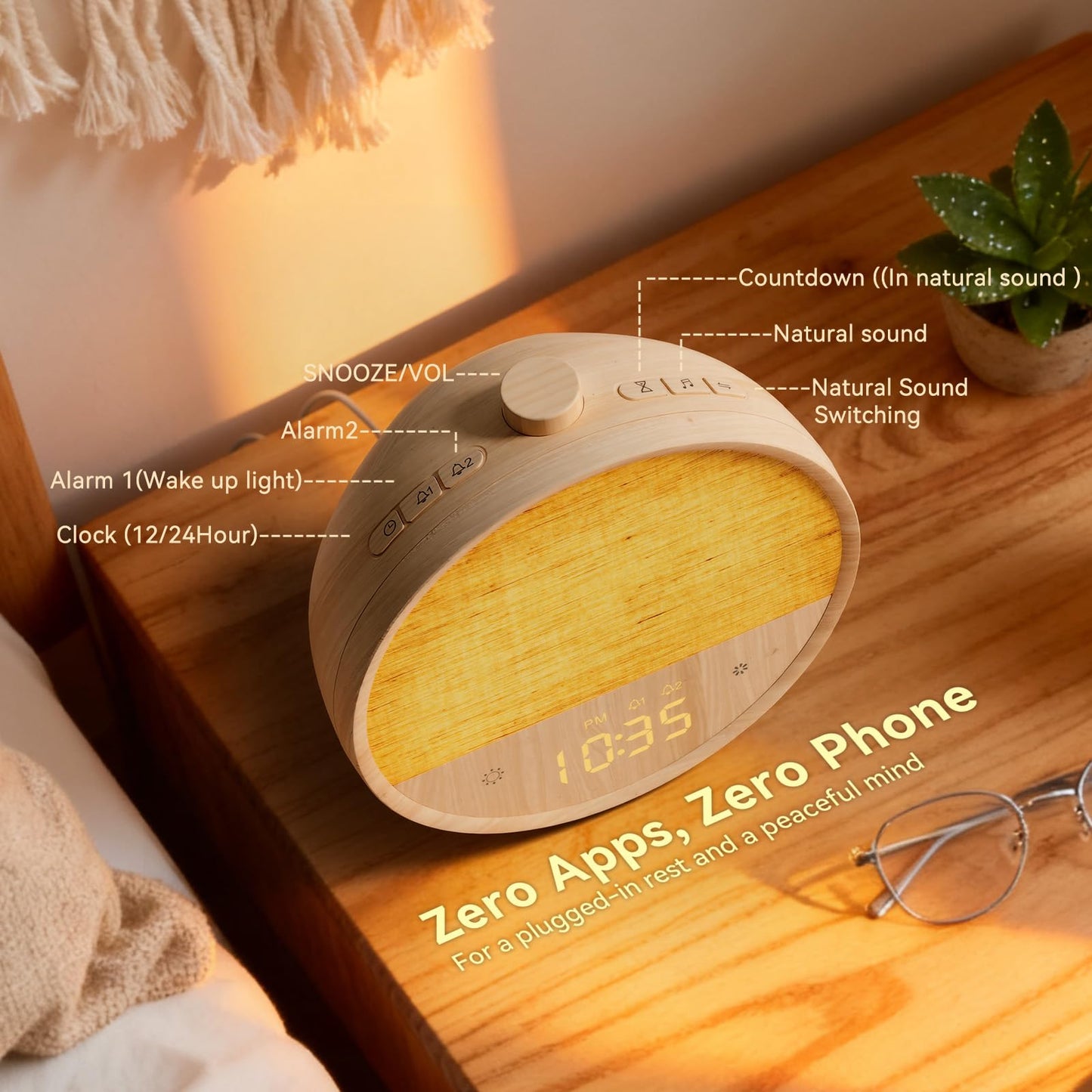 Vivilumens Wood Grain Sunrise Alarm Clock, Gentle Wake-Up Light Sound Machine, Dual Alarms for Heavy Sleepers, Natural Sounds, RGB Mood Light, Dimmable Bedside Night Lamp, Ideal for Bedroom & Gifts