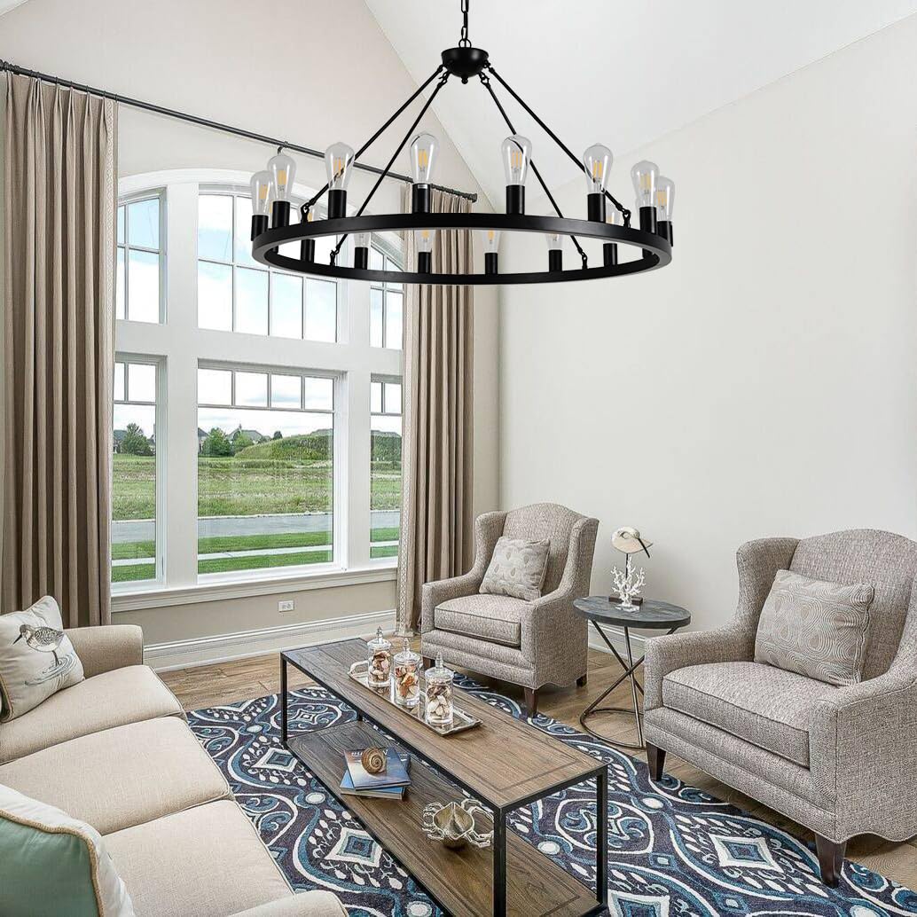 JTYP 40" Black Wagon Wheel Chandelier,E26 16-Light Large Round Rustic Farmhouse Chandelier Industrial Pendant Light Fixtures for Dining Room Living Room Kitchen Island Entryway Foyer