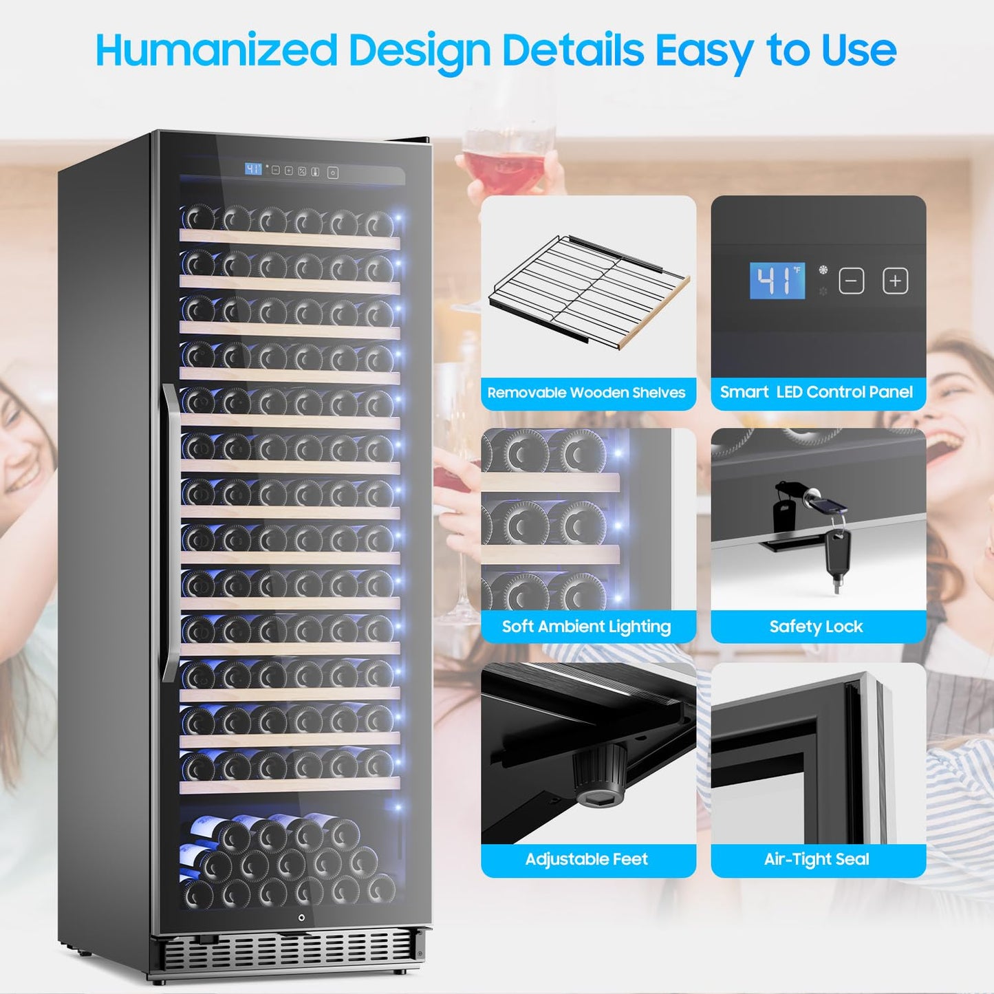 158 Bottles Wine Cooler Refrigerator, 24 Inch Built-in/Freestanding Wine Fridge with Upgraded Compressor, Fast Cooling, Intelligent Temperature Memory, Low Noise, 41℉-64℉ Large Capacity Wine Cooler