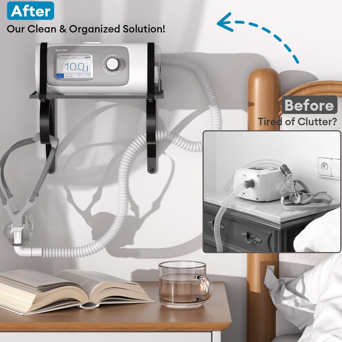 CPAP Wall Mount Shelf Stand for ResMed AirSense 10/11 CPAP Hose Holder for Bed, Heavy Duty CPAP Holder Bedside with Extra Large Surface, Adjustable Hose Hanger & Mask Hook, Space-Saving & Durable
