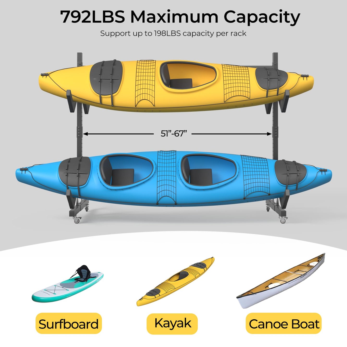 Freestanding Adjustable Kayak Storage Rack, 2 Sides Kayak Bracket, Durable Kayak Rack with Lockable Wheels for Indoor, Outdoor, Garage, Shed, Dock