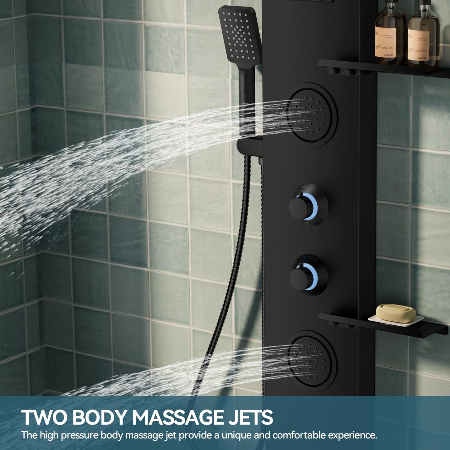 BATHLAVISH 5 in 1 Black Shower Panel Tower System With Storage Shelf, 304 Stainless Steel Shower Tower with Rainfall Shower Handheld and Tub Spout, Powerful Body Jets, Wall-Mounted Shower Set