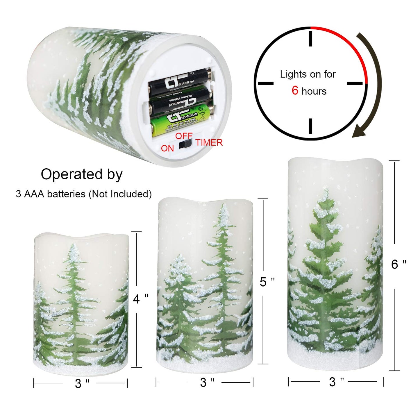 Wondise Flickering Flameless Pillar Candles with Timer, Battery Operated Real Wax Warm Light Christmas Tree Pine Tree Decal Candle for Home Decoration Christmas Gifts, Set of 3(D3 x H4/5/6 Inch)