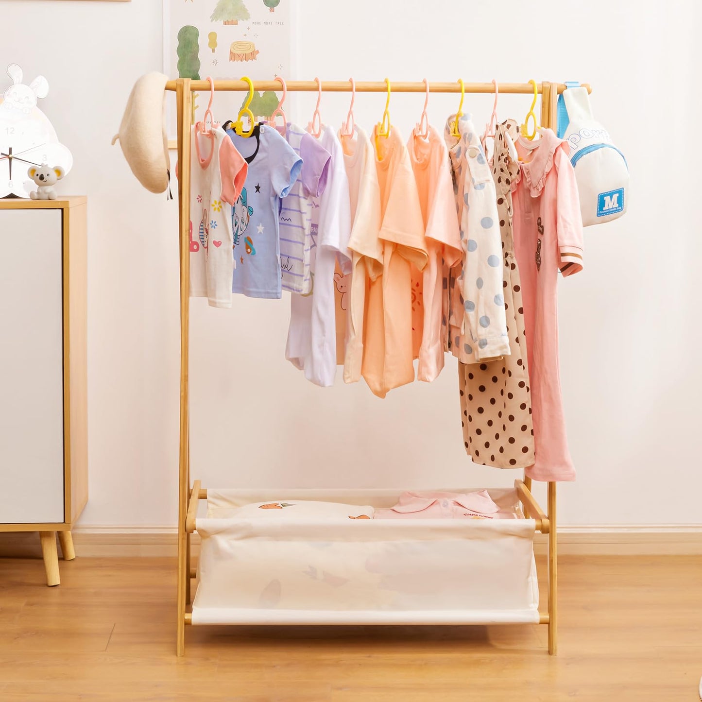 Cozivolife Kids Clothing Rack with Storage Box, Dress up Holder, Child Garment Stand with Hanging Rods, Small and Foldable, Bamboo (Natural)