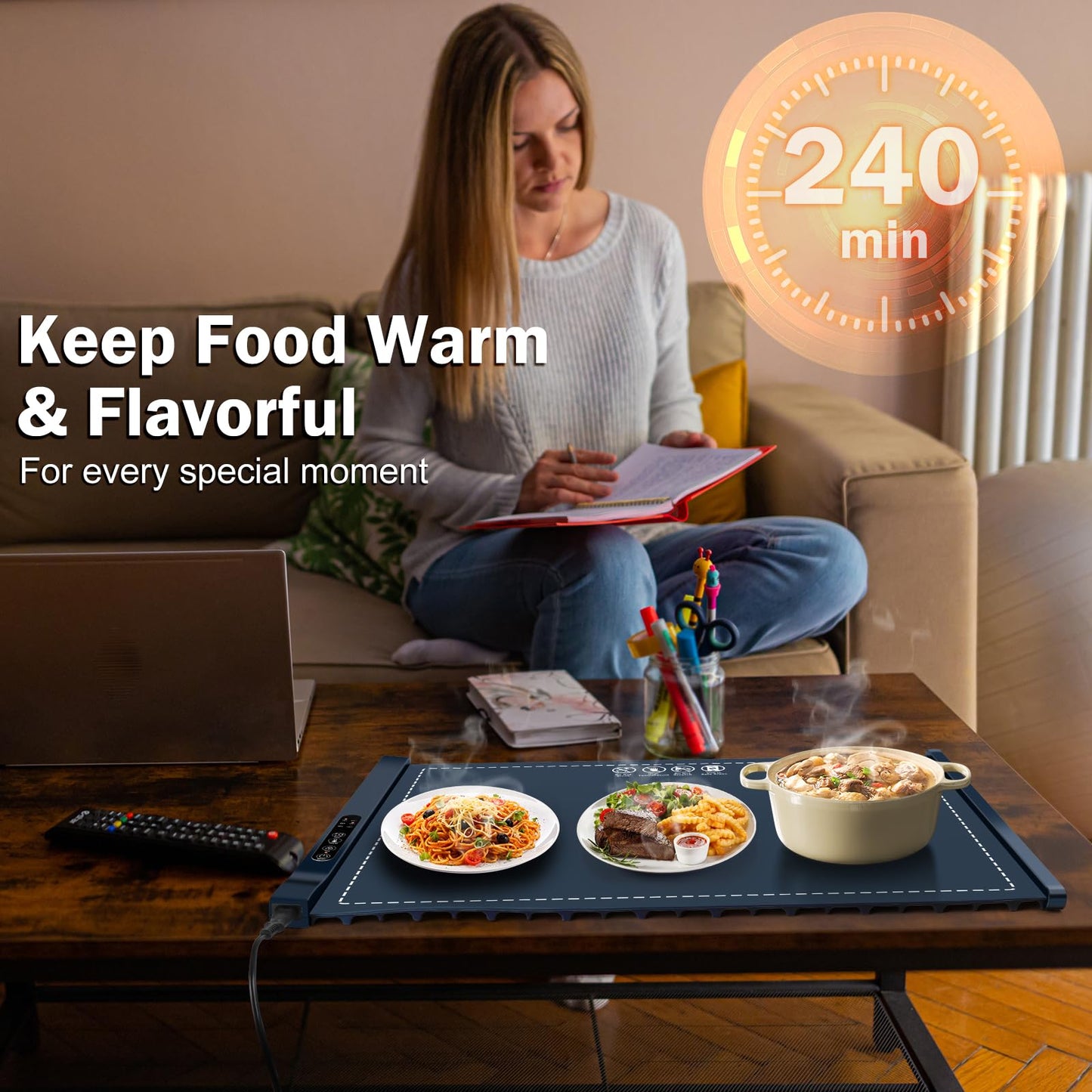 Food Warming Mat - Portable Party Buffet Electric Warming Tray, Foldable Food Warmer, Timed Off, Temperature Adjustable, Suitable for Daily, Outdoor, Party(Dark Blue)