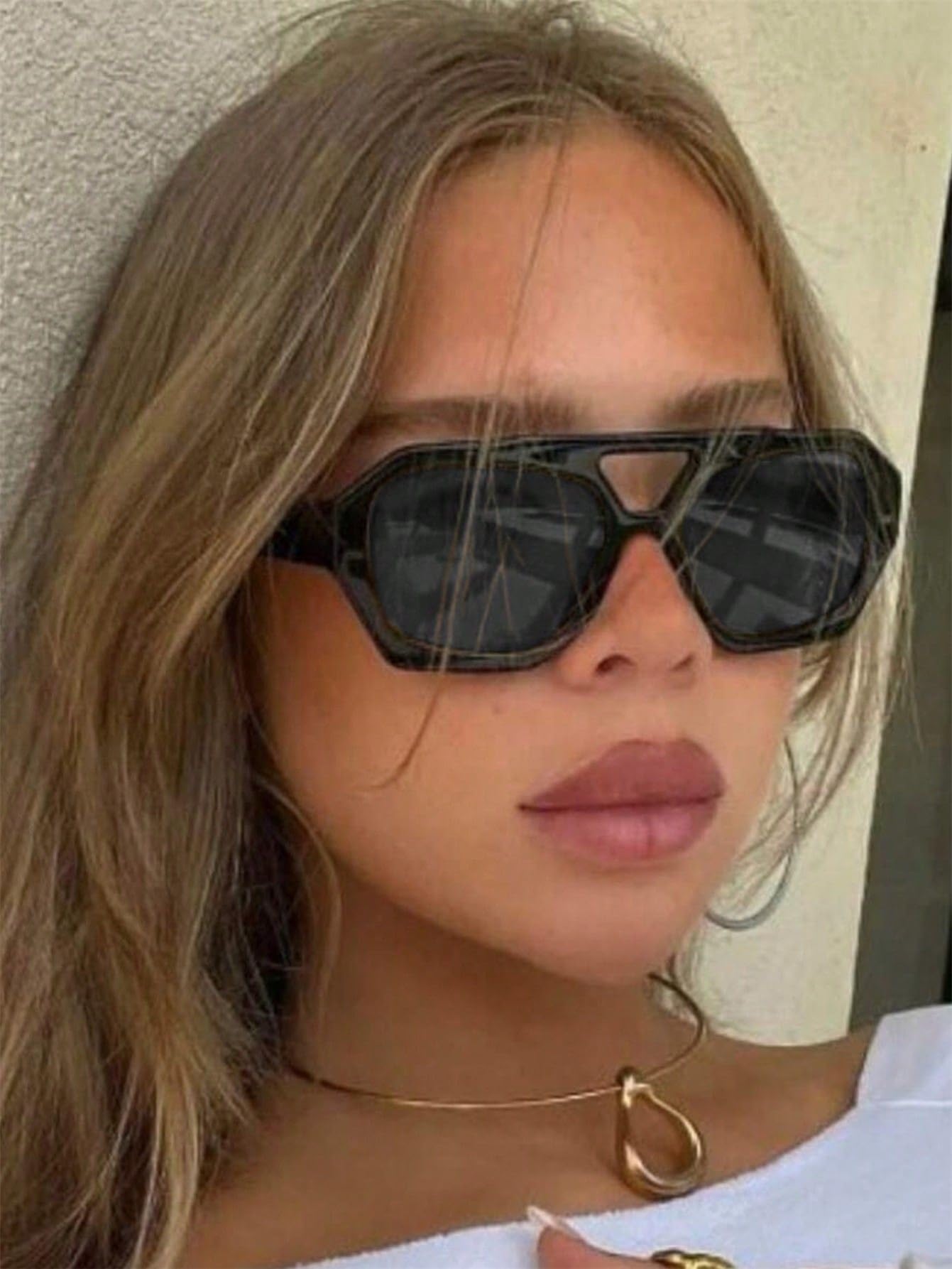 ADE WU Trendy Designer Hexagon Aviator Sunglasses for Women Thick Frame Double Bridge Geometric Sun Glasses Black & Leopard Print
