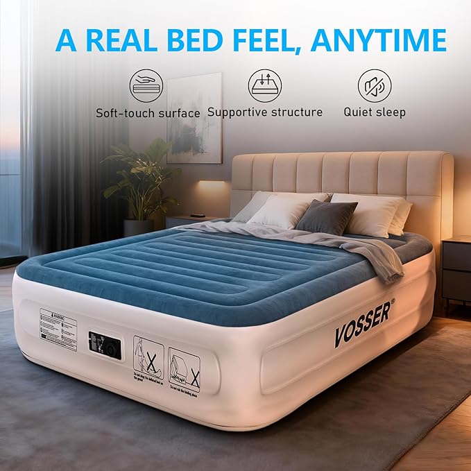 VOSSER Queen Air Mattress with Built-in Pump,Fast & Easy Inflation/Deflation Inflatable Mattress, Foldable Blow Up Mattress with Storage Bag, Inflatable Bed for Home, Camping & Guests