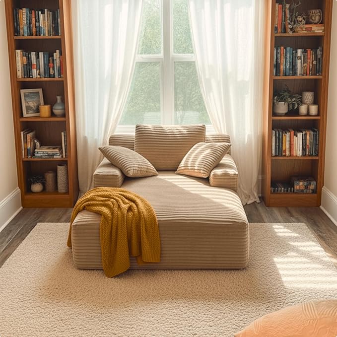 Alpen 66" Oversized Chaise Lounge, Boneless Couch Indoor, Corduroy Couch Boneless Sofa Chair for Reading with Wide Armrest and 3 Throw Pillows, No Assembly Required, Off-White