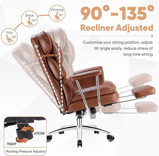 Sweetcrispy Executive Home Office Desk Chair - Ergonomic Big Tall High Back with Footrest & Lumbar Support, Reclining Height Adjustable, Comfy PU Leather Computer Gaming with Swivel Wheels, Brown
