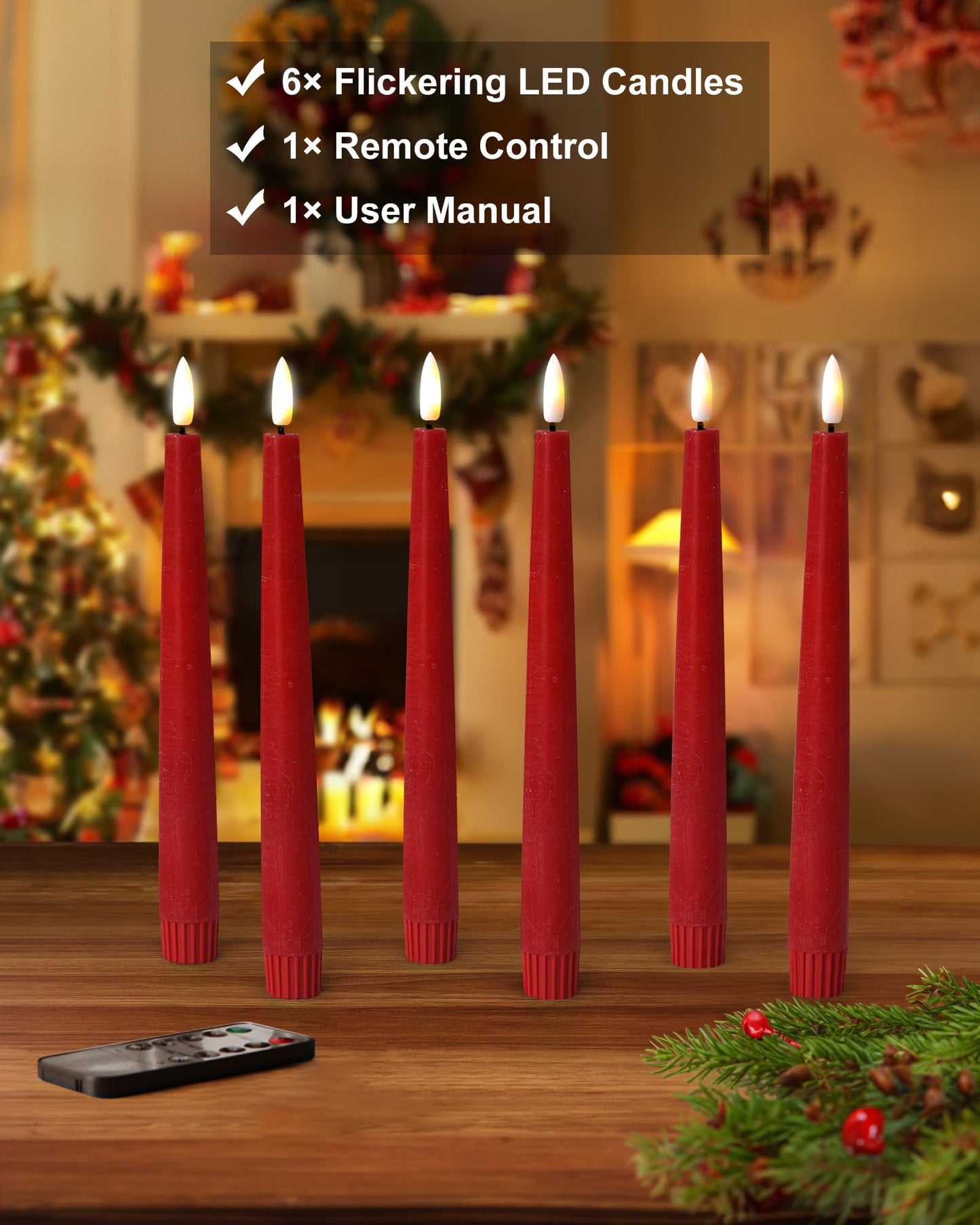 Stmarry Red Real Wax LED Flameless Taper Candles with Remote and Timer, 9.65 Inch Flameless Candlesticks, Dripless Battery Operated Candles with 3D Flickering Flame - Set of 6