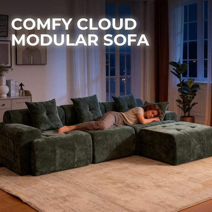 YAAREE 129.23”Modular Sectional Couch for Living Room, Modren L-Shape Cloud Sectional 4-Seater Sofa with 2 Movable Ottomans, Woven Texture Upholstery Boneless Couch, No Assembly, Green