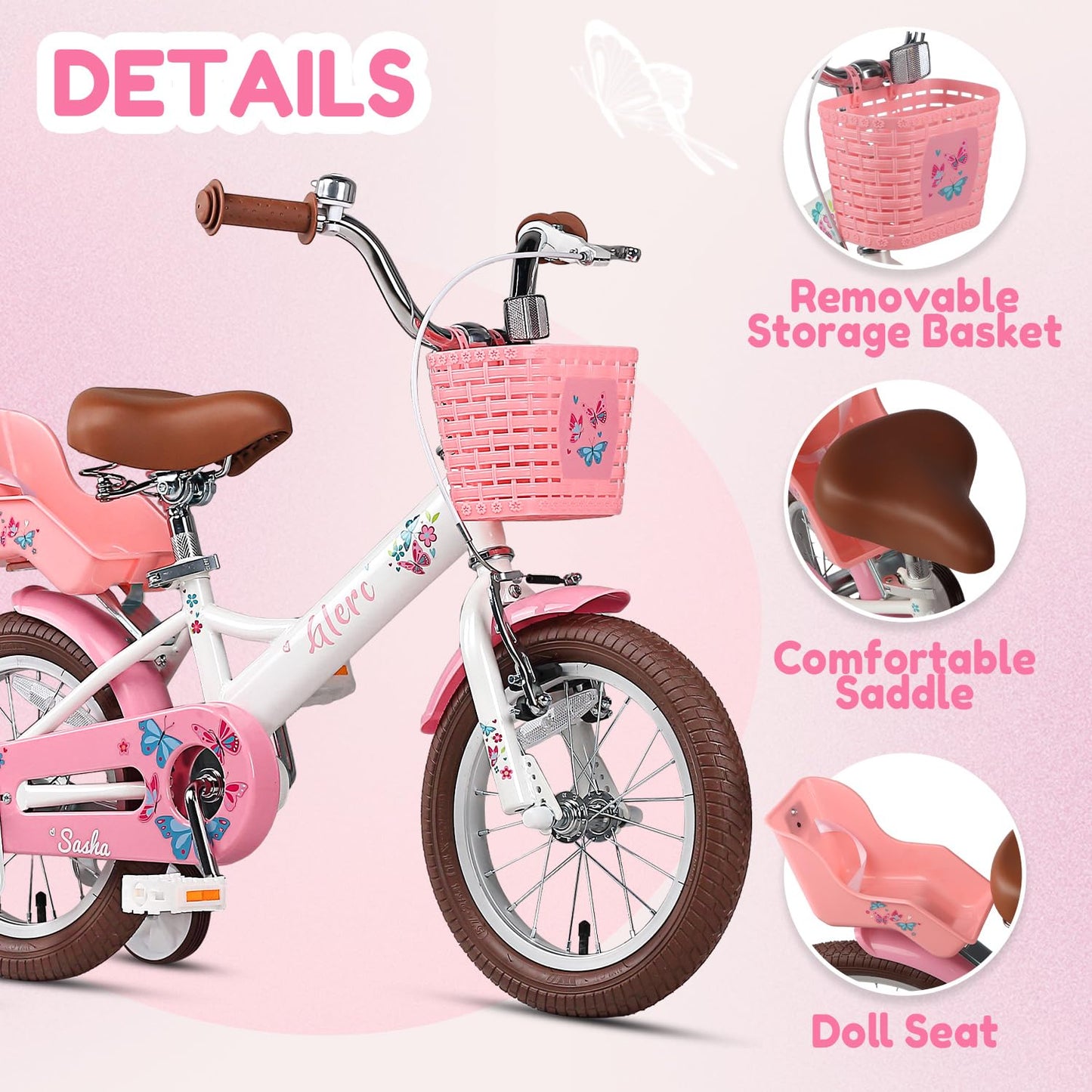 Glerc Sasha Girls Bike, 12 Inch Kids Bicycle for Ages 2-4 Years Old Children, Retro Vintage Style Toddler Bicycle with Doll Bike Seat and Basket, White
