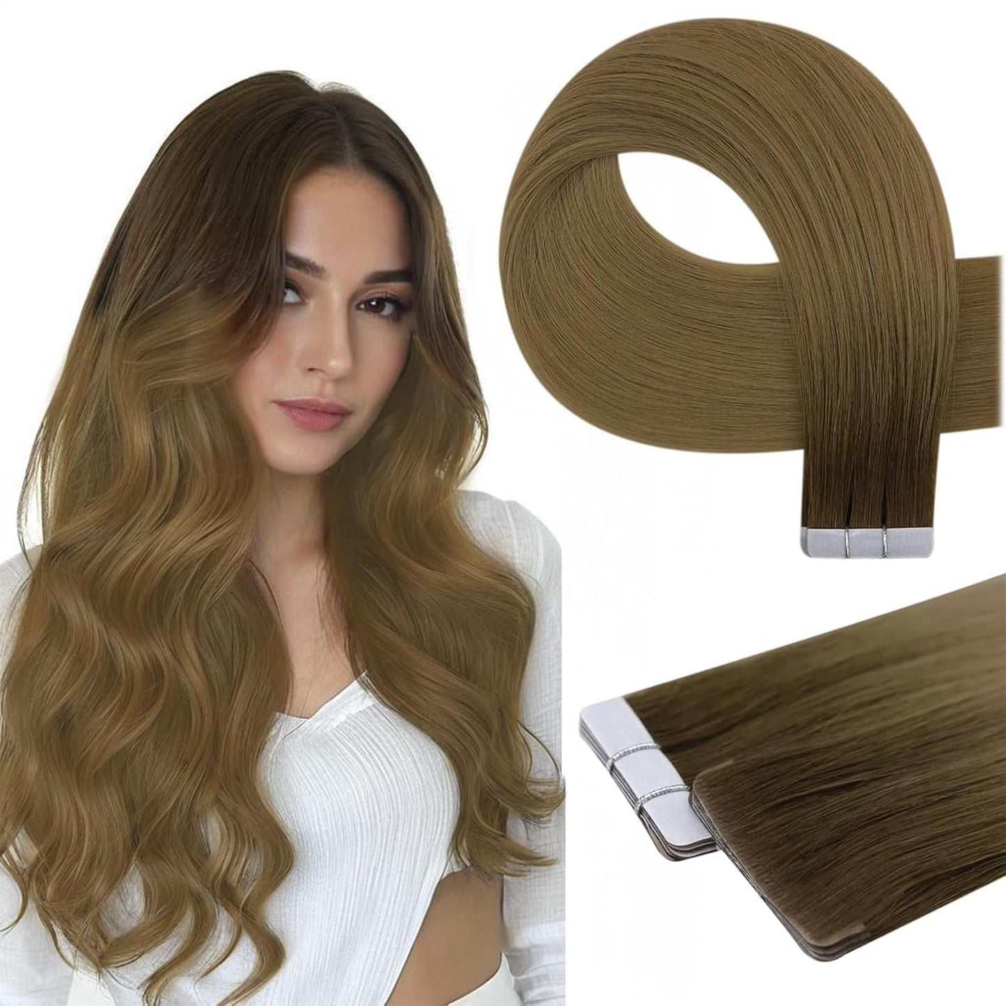 Full Shine Invisible Insert Tape in Hair Extensions Color R3 Dark Brown to 8 Light Brown Machine Virgin Tape in Extensions Human