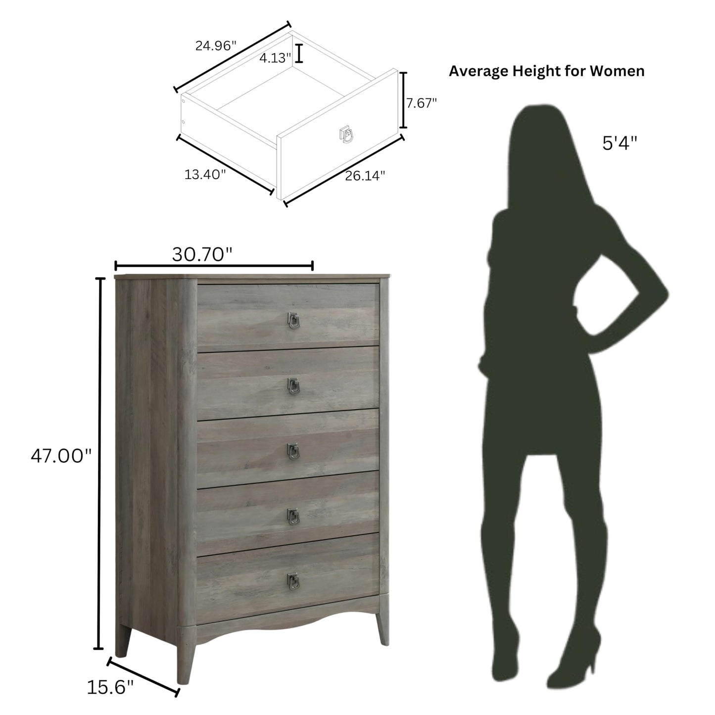 ELISA HOME Celine 5 Drawers Dresser for Bedroom, 47" Tall Modern Chest of Drawers, Wood Drawer Organizer for Clothes, Entryway, Hallway, Nursery or Living Room, Gray