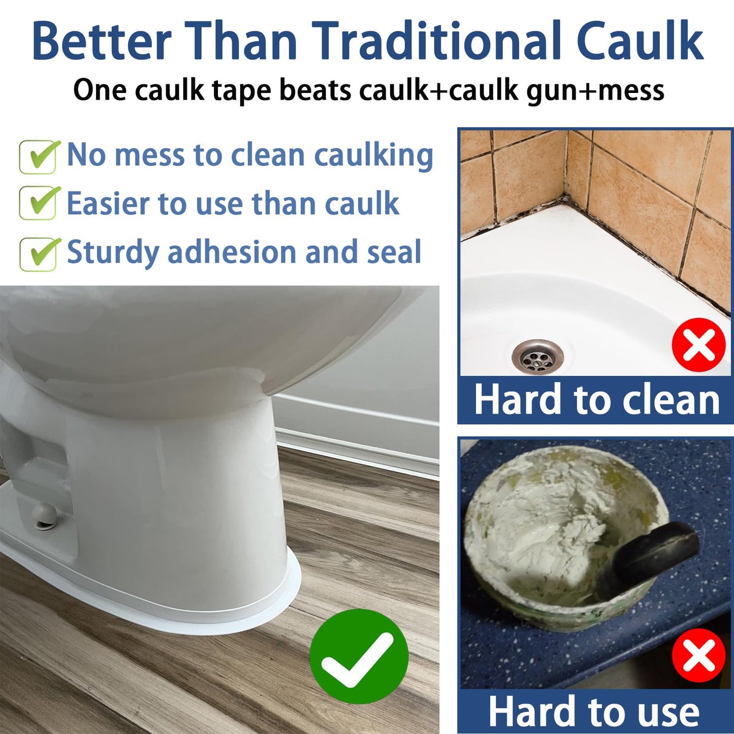 Caulk Tape, Caulk Tapes Waterproof Self Adhesive, Traditional Caulking Sealant Replacement, Caulking Strips for Toilet, Bathroom, Sink, Bathtub, Floor Wall Edge Protector（1.42" x 10.5Ft）
