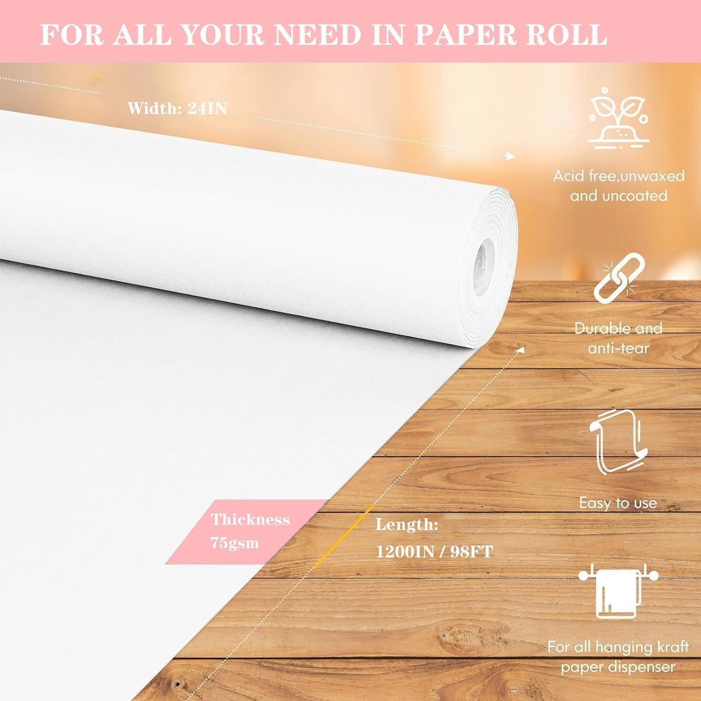 White Wrapping Paper Roll 24"x 1200" Craft Paper Roll for Drawing Painting Art Supplies, White Paper for Easel Poster Bulletin Board, Kraft Paper Roll for Packing Moving, Gift Wrapping